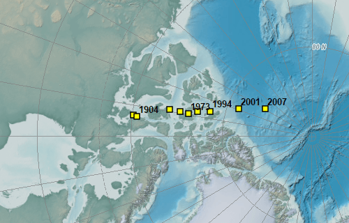 Magnetic north pole moves over time