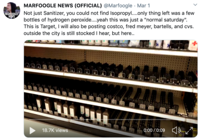 Not just Sanitizer, you could not find Isopropyl....only thing left was a few bottles of hydrogen peroxide....yeah this was just a "normal saturday". This is Target, I will also be posting costco, fred meyer, bartells, and cvs. outside the city is still stocked I hear, but here..