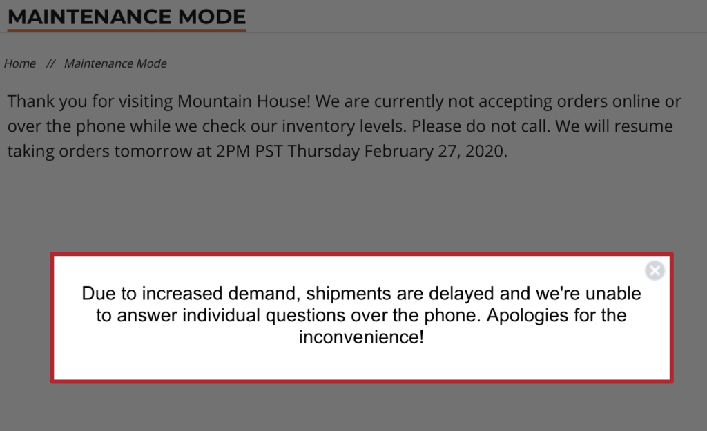 A warning from Mountain House that they're not taking orders