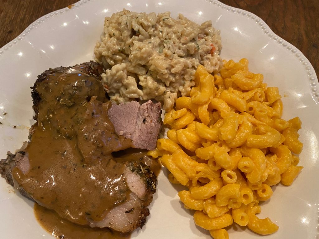 4Patriots mac and cheese, 4Patriots rice and vegetable dinner, with roasted pork