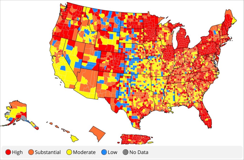 Current CDC map of COVID transmission