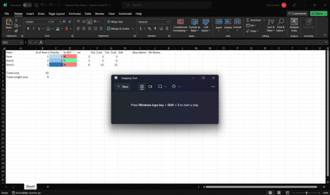 sample excel prep sheet pic